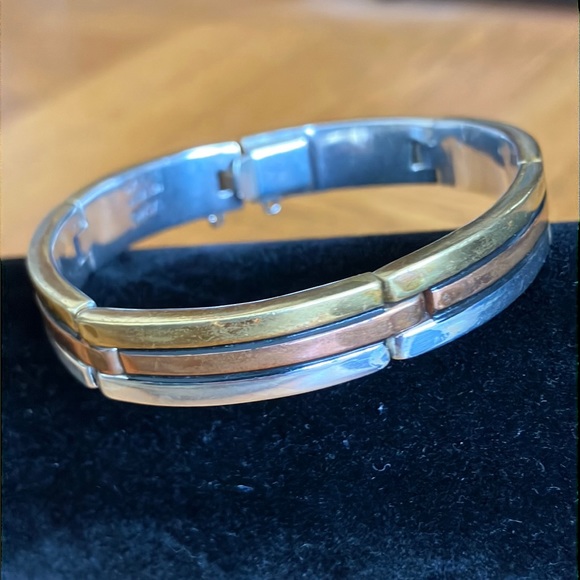 Gorgeous Vintage Tri Mixed Metales Taxco Bar Panel Link Bracelet - Picture 1 of 16